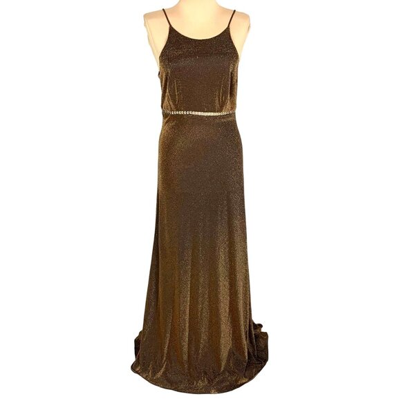 Bronze Shimmer Gown Rhinestone Waist Slip Dress Sleek Hollywood Glam VTG Cache 8 - Picture 2 of 12